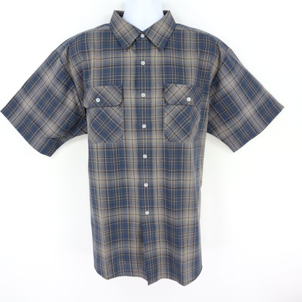 Bic Mac Workwear Button Up Mens Size XL Blue Check Polyester Blend Pockets